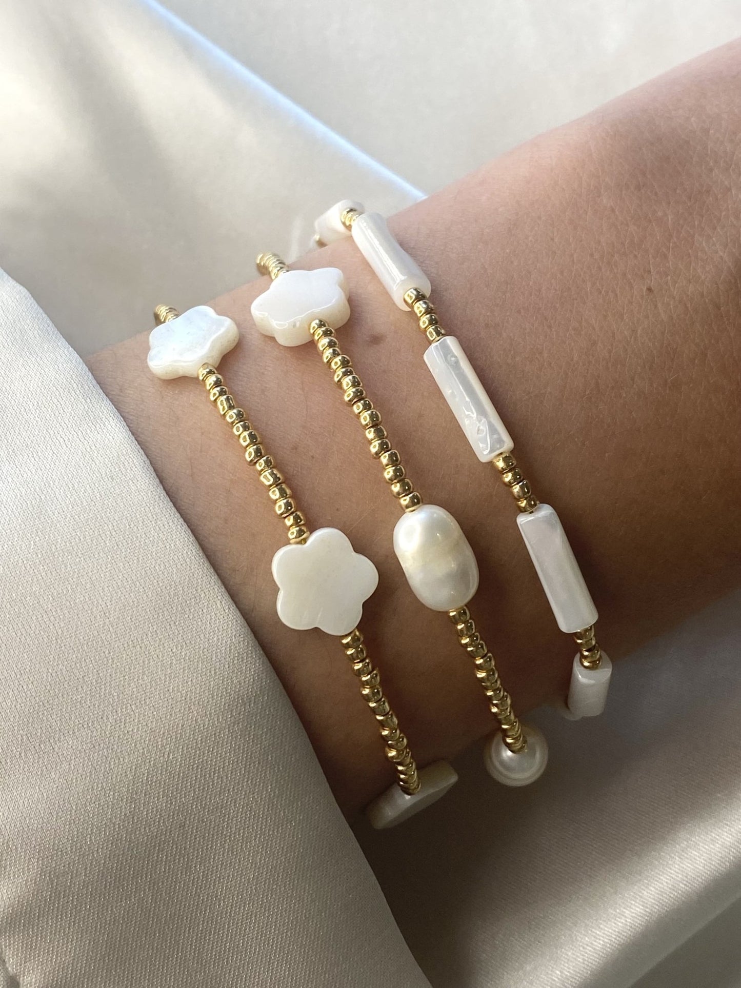 TRIO TREFLE|Bracelets acier inoxydable et perles